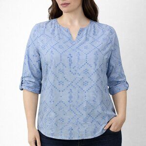 Chico's Womens Top Split Neck Blouse Blue Embroidered Cuffed Sleeve Size 2 | L